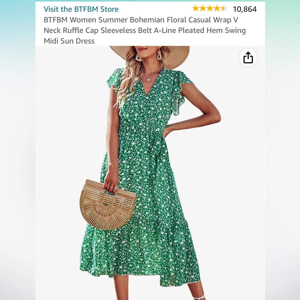 Summer Bohemian Floral Casual Wrap V Neck Sun Dress. Green XL